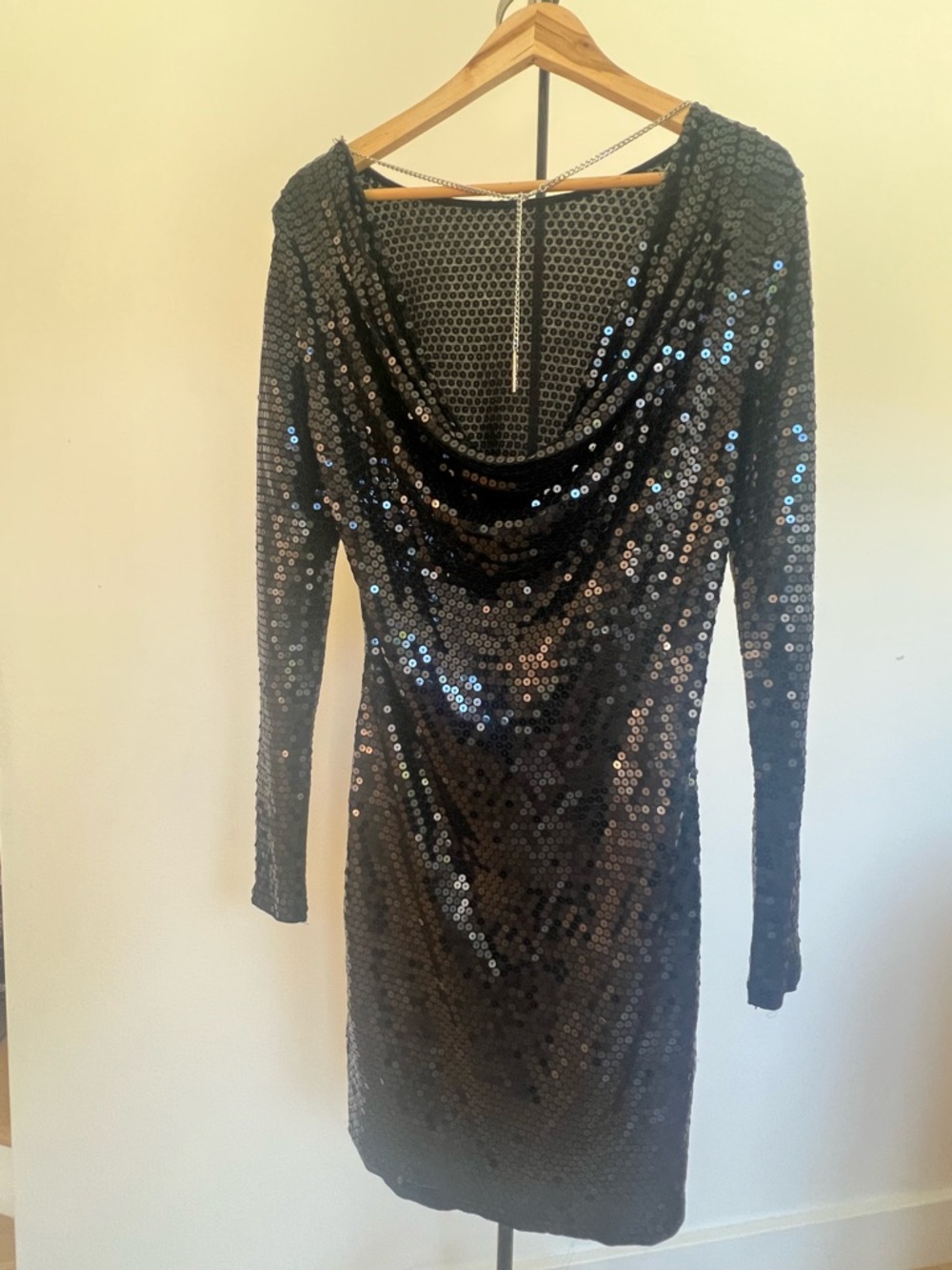 Michael Kors Black Sequin Draped Neck Long Sleeve Dress - Picture 2 of 4